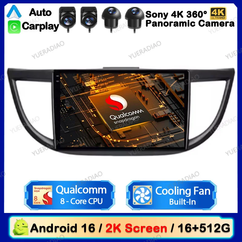Rádio Automotivo Android 16 para Honda CRV CR-V 2012 - 2016, Reprodutor Multimídia de Vídeo, Carplay, GPS Automotivo, Unidade Principal com 4G WIFI, Câmera 360