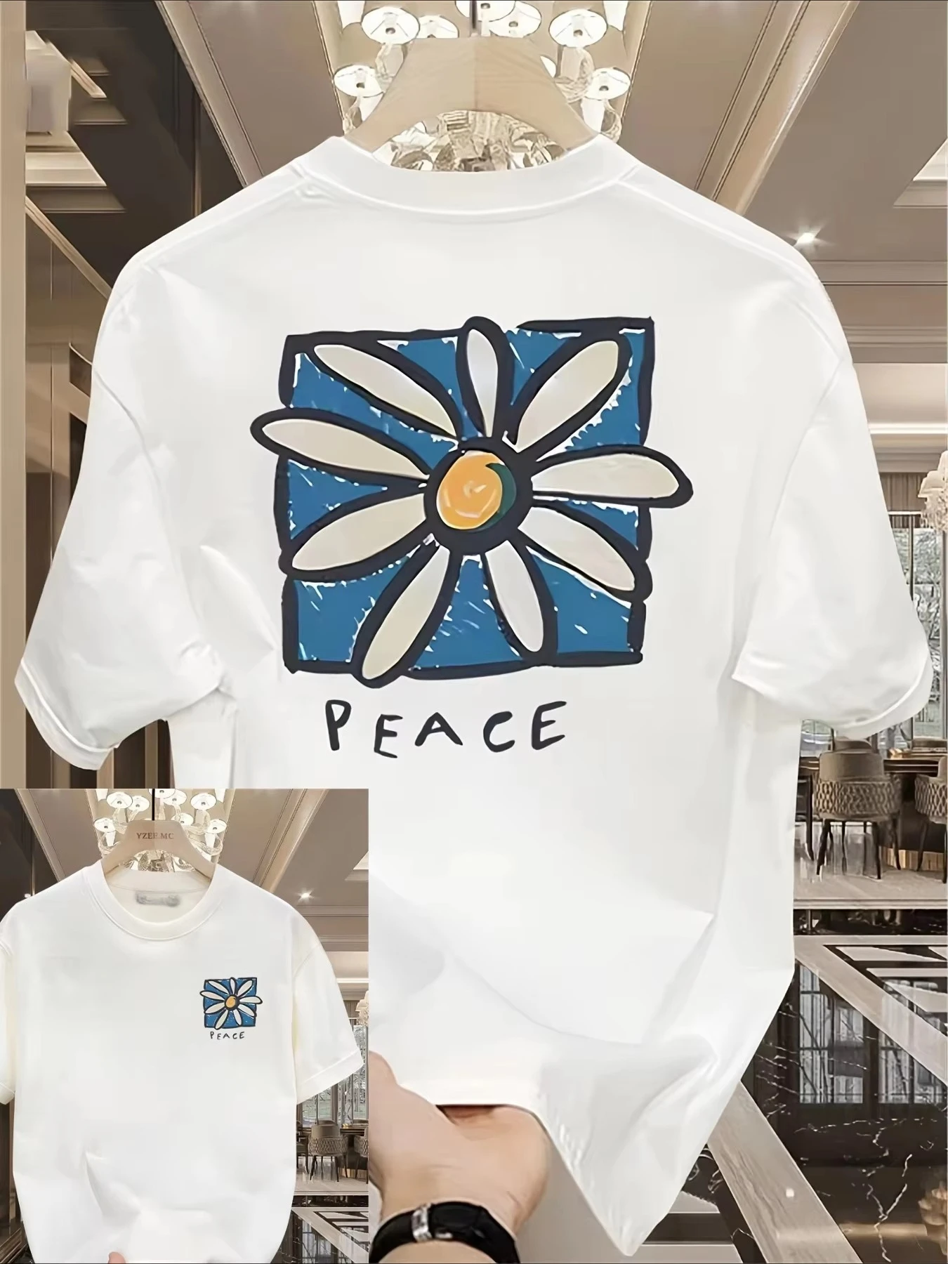 2026 Men's Loose T-Shirt with Hand-Drawn Daisies and Peace Flowers Pattern Short-Sleeved Unisex T-Shirt