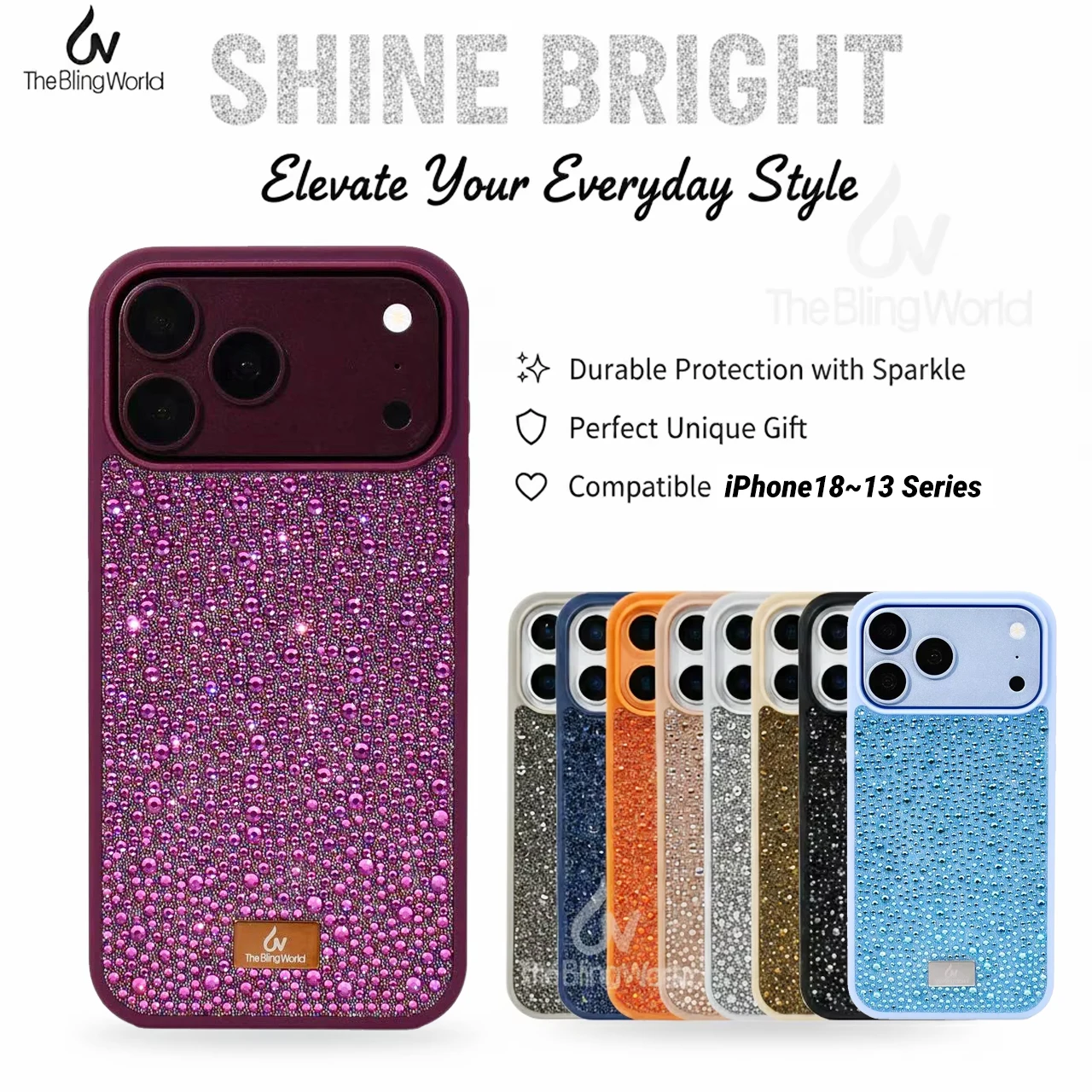 The Bling World Luxury Diamond Case for iPhone 18 17 16 15 14 13 Pro Max Sparkling 3D Full Rhinestone Glitter Cover Women Gift