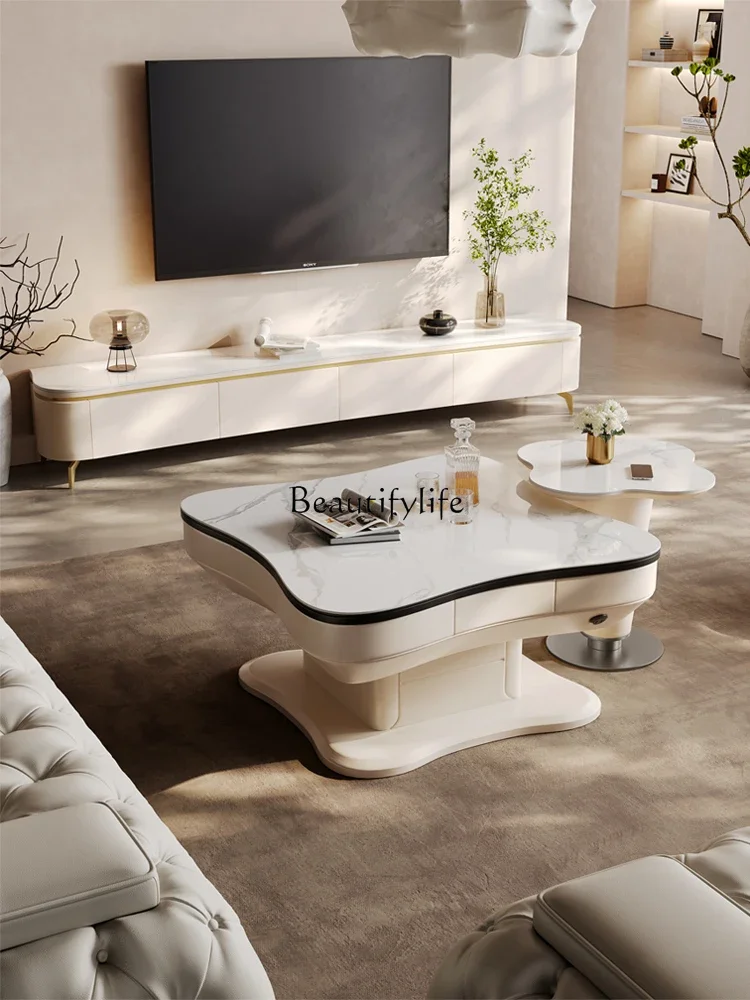 

Rock slab cream wind lift coffee table one-piece automatic mahjong table dual-purpose