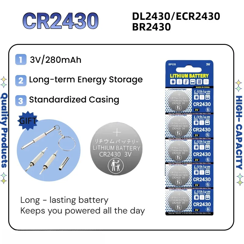 top5-100PCS CR2430 3V Lithium Battery  DL2430 BR2430 280mAh 3V Button Coin Batteries for BMW Key Fob Watch Alarm Clock Remote