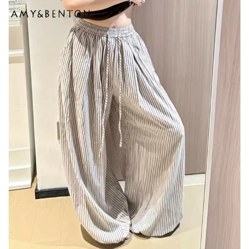 

Korean Retro Design Drawstring Vertical Stripe Women's Trousers 2026 Summer New Thin Loose High Waist Y2k Wide-leg Pants Ladies