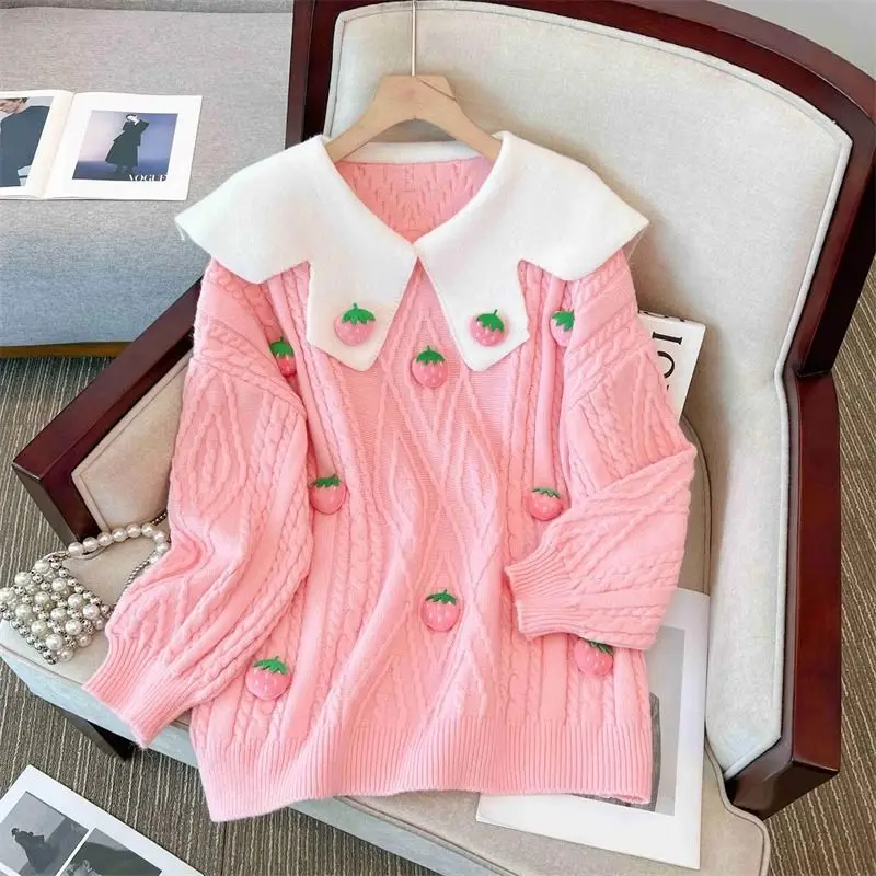 Sweet Peter Pan Collar Patchwork Knitting Pullovers Femme Autumn Winter Lively Cute Long Sleeve Loose Sweater Women Clothes Tops