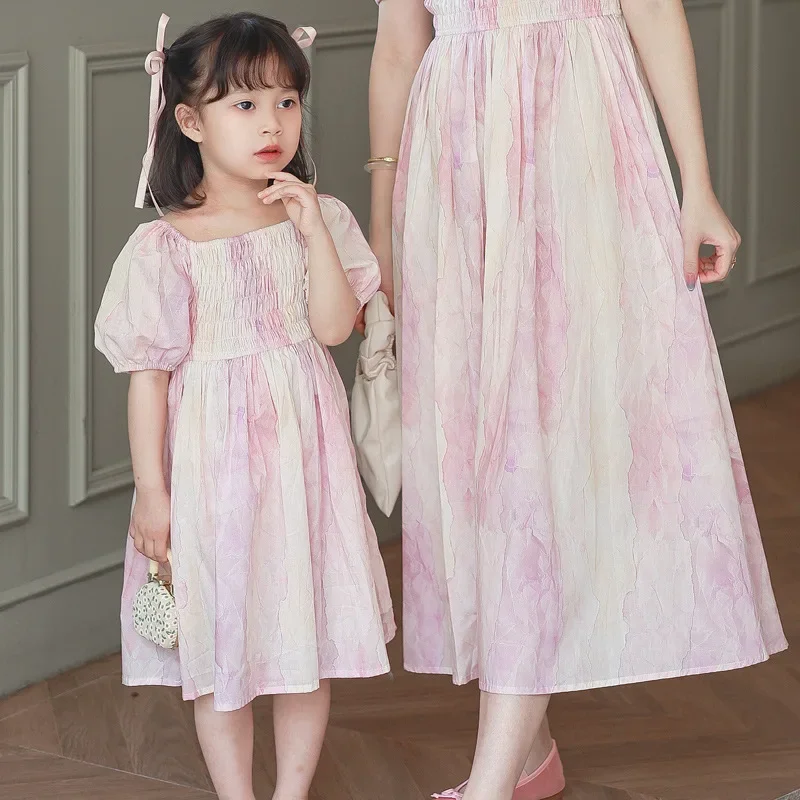 2024 Summer New Mother and Daughter Smock Dresses Mom and Baby Girls Equal Dress for Women Frock Mommy and Me Matching Clothing