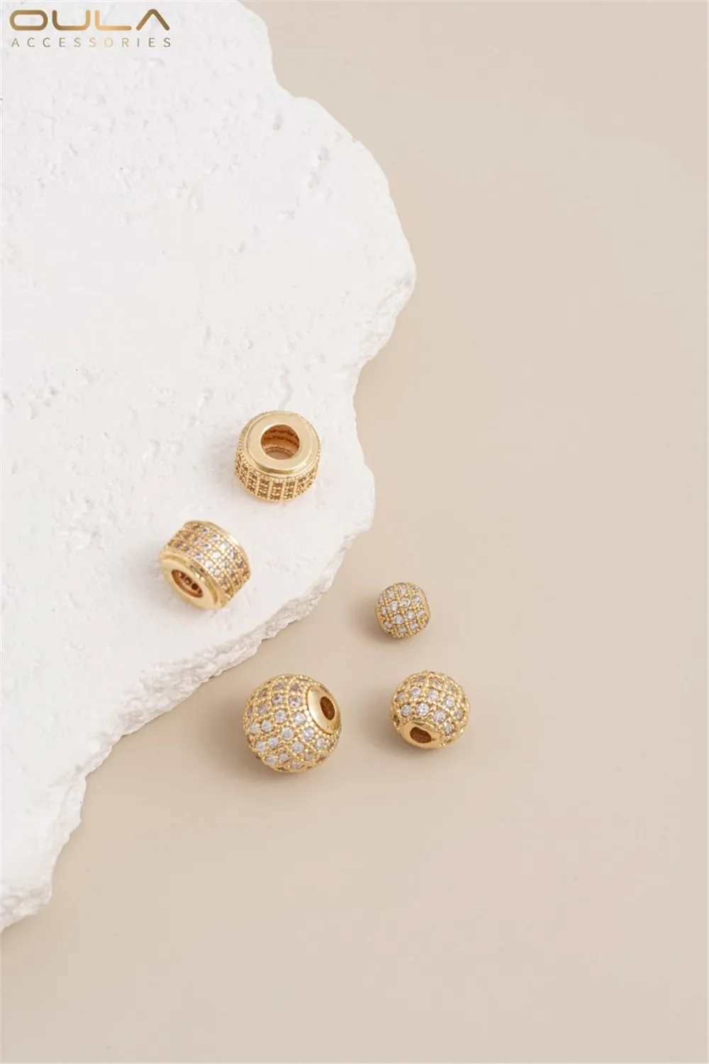 

14K Gold-Color Plated Micro Inlaid Zircon Ball Diamond Ball Barrel Bead Wheel Bead Spacer Bead Handmade DIY Jewelry Accessories