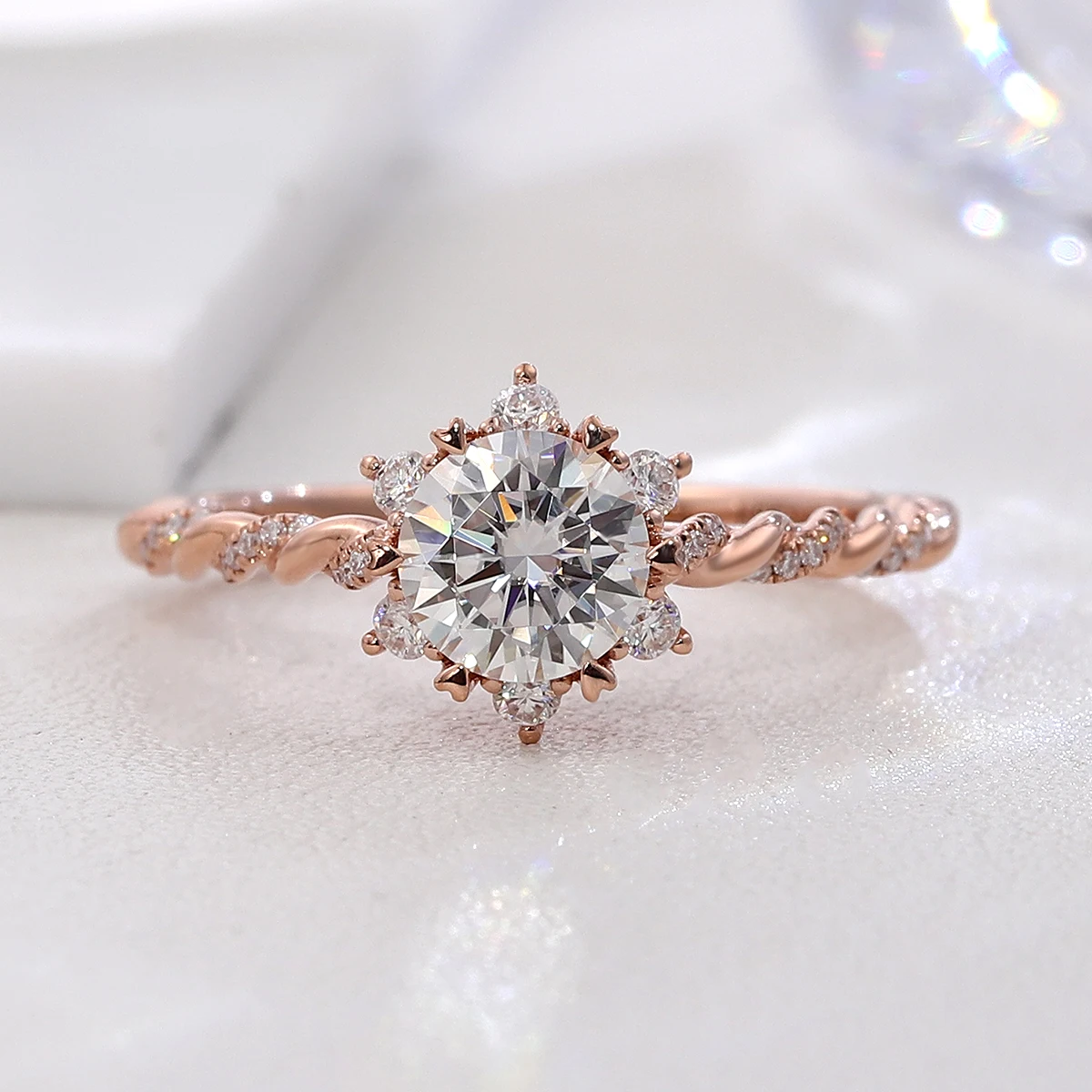 

14K Rose Gold Floral Setting Twisted Shank Ring 7mm Round Cut Moissanite Diamond Halo Engagement Ring Sparkling Wedding Jewelry