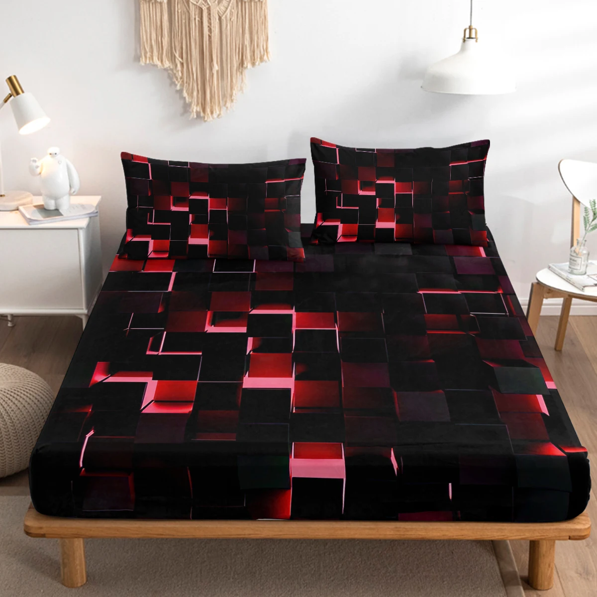 Red and Black Modern Geometric Square Sheet Set Black Red Digital Dimensional Square Shaped Cubes Fitted Sheet 3 Piece