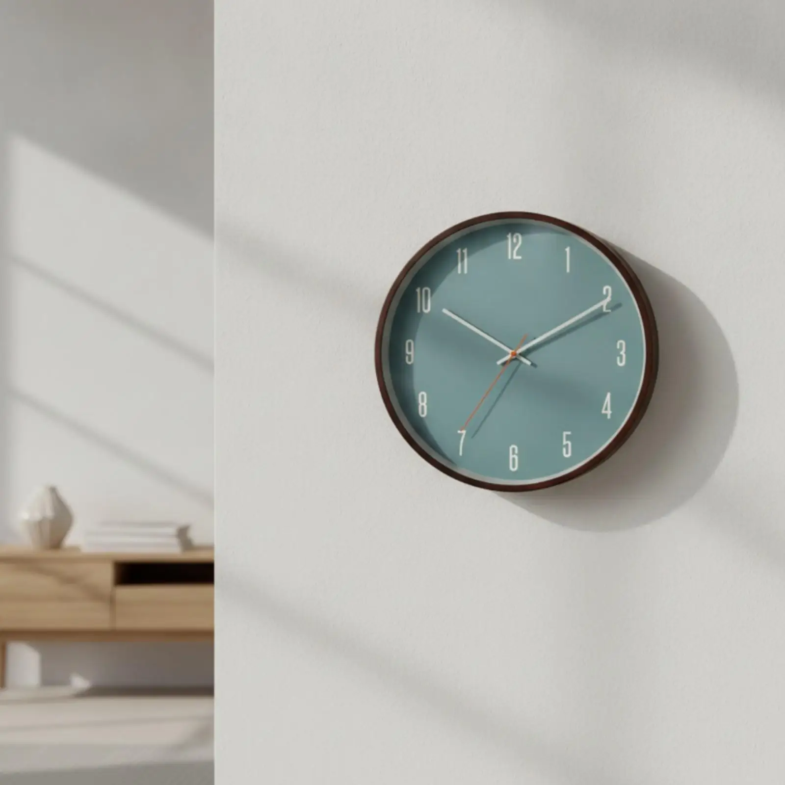 Modern Wood Frame Wall Clock Silent Sweep Movement Blue Dial for Living Room