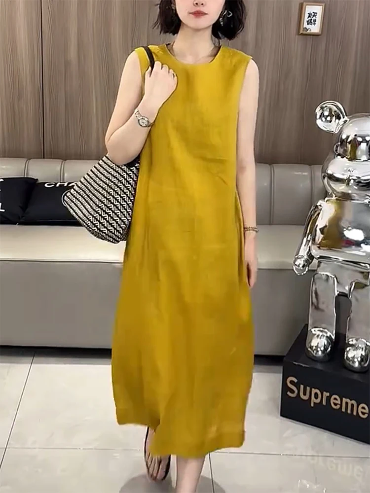 

Корейская женская летняя одежда больших размеров Sle Fre Lazy, желтая круглая одежда Ne Svel Dr, модная повседневная длинная трапециевидная одежда