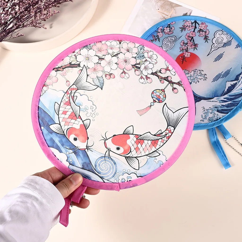 Vintage Styles Handheld Compact Cooling Fans Carp Crane Sunrise Pattern Foldable Round Fans For Outdoor Games, Party Decoration