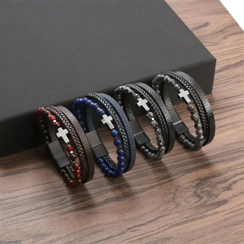 Hot Sales Leather Bracelet Men Classic Fashion Tiger Eye Beaded Multi Layer Leather Bracelet For Men Jewelry Gift Wholesale