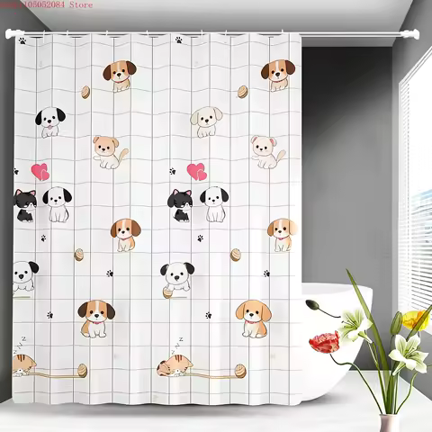 Cute Cartoon Puppies &amp; Kittens Shower Curtain - Waterproof Polyester with Hearts &amp; Yarn Balls on White Grid
