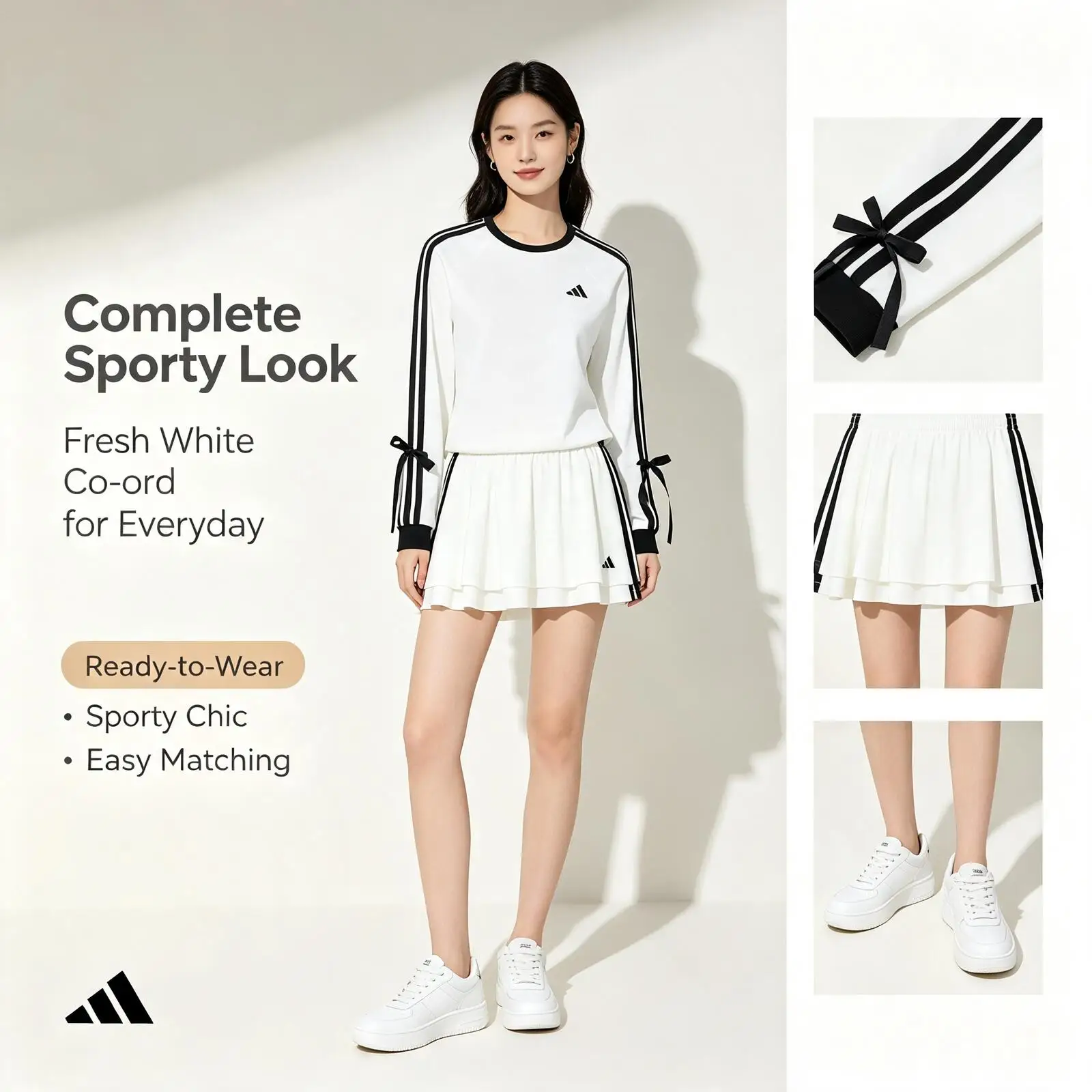 Adidas Damen Zweiteiler-Set, Kurzarm-Slim-Top und Hochtaillierter A-Linien-Rock, Elegantes Einfarbiges Outfit – Detail 4