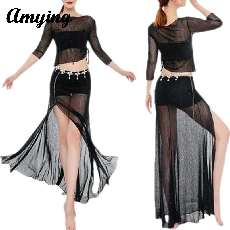 New 2PCS Women Belly Dance Suit Adult Sexy Mesh Top and Skirt Stage Performance Costume Set Practice Suit Training Clothing Set