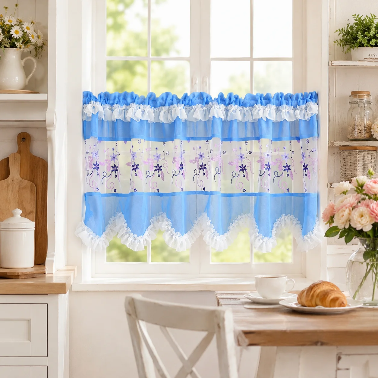 Blue White Sheer Cafe Curtain Floral Embroidered Kitchen Valance Rod Pocket Short Window Drapes with Ruffle Trim