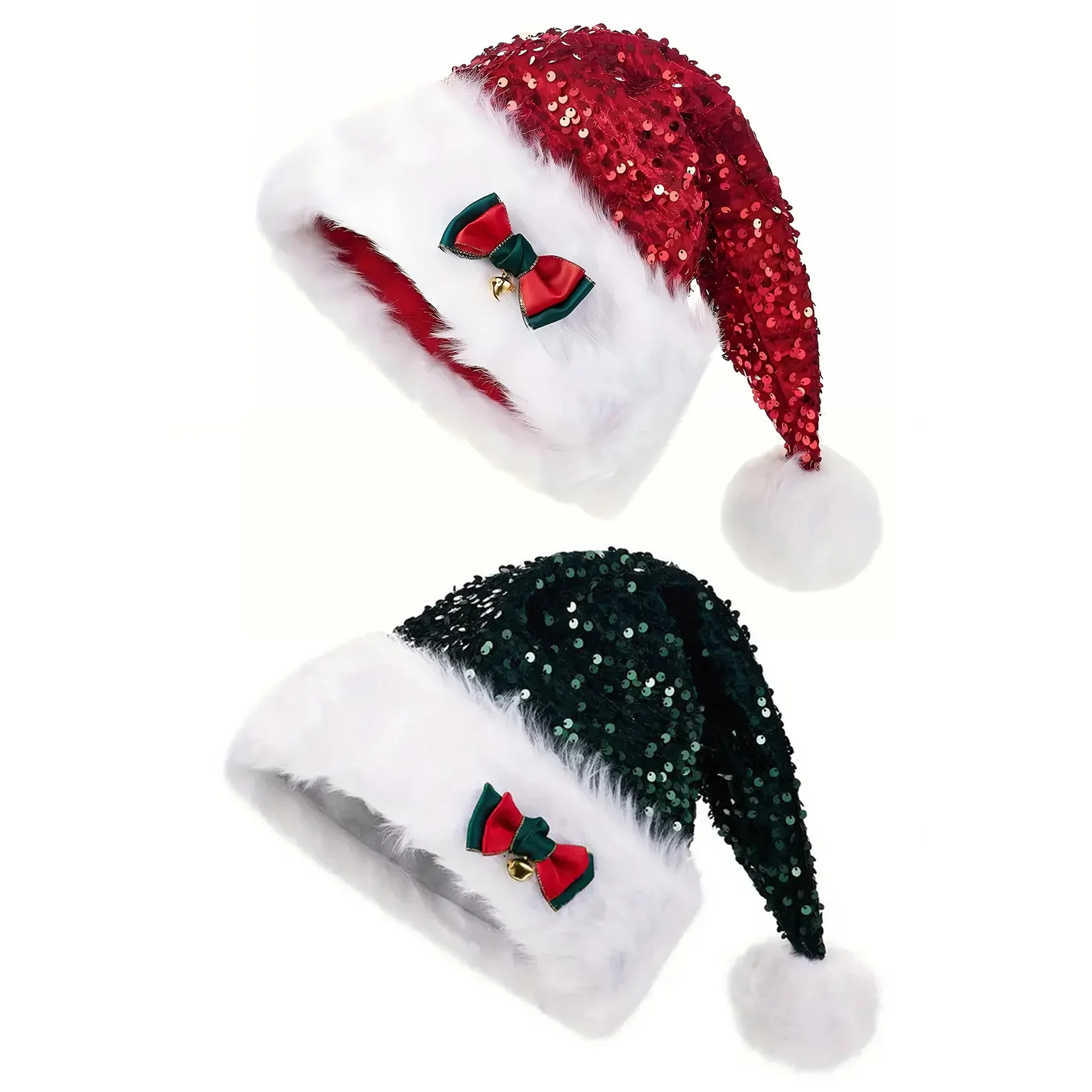 Damskie Męskie Świąteczne Czapki z Cekinami Czapka Świętego Mikołaja Dzwonek Kokarda Pompon Czapka Imprezowa na Nowy Rok