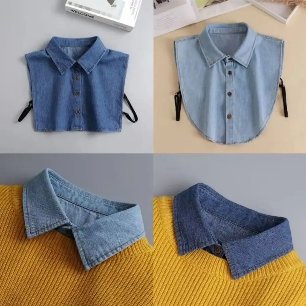 Cotton Denim Fake Collar Adjustable Straps Blue Women Fake Collar Lapel Buttons Clothes Accessories Detachable Collar Women