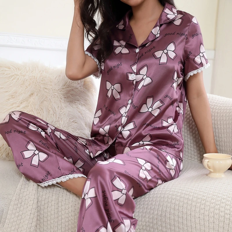 Satin Pajamas For Women Floral Print Short Sleeve Button Down Tops Pajama Pants Pj Set Soft Loungewear Pyjama Femme Home Clothes