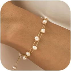 14K Gold Plated Pearl Bracelets for Women, Dainty 925 Silver Pearls Beaded Chain Heart Pearl Bracelets Jewelry Gift for Women