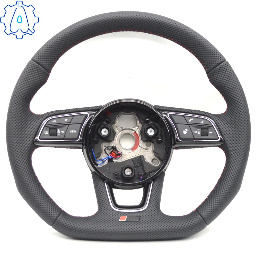 For Audi A4 B9 Red Stitching Fully Perforated Leather Red Stitching Flat Bottomed Steering Wheel With Heating