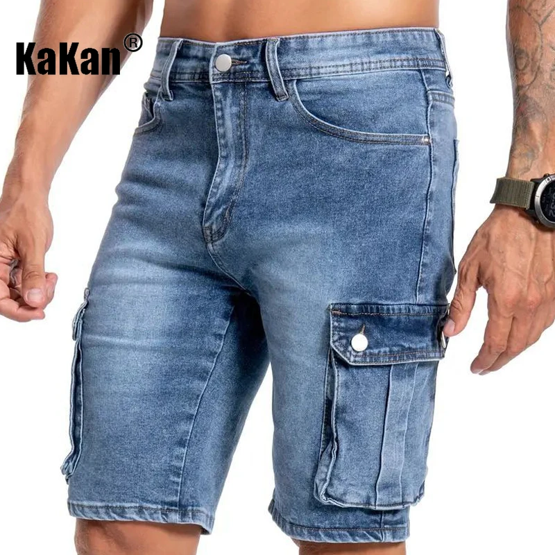 Kakan-y2k Nuevos pantalones vaqueros cortos de verano para hombres, pantalones vaqueros microelásticos con múltiples bolsillos, pantalones vaqueros casuales de 5 direcciones para hombres