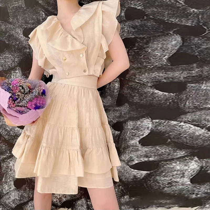 

Summer 2023 Light Apricot Short Double-Breasted Ruffle Sleeve Blouse Half Skirt Fashionable Cotton Blend Women's Set