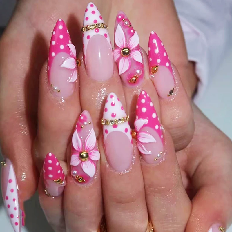 24pcs long Almond summer Press On Nails pink polka dots French white edge Rhinestone flower Pearl Pattern design Style Fake Nail