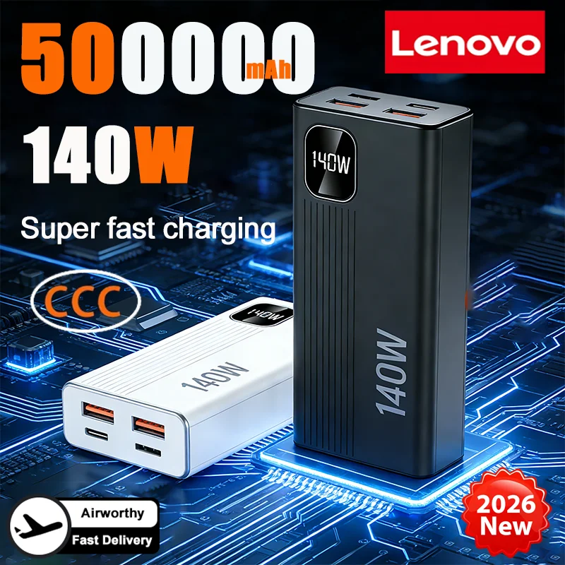 Lenovo 500000mAh 140W Power Bank Super Fast Charge Portable Powerbank External Battery Charger LED Display For iPhone For iPhone