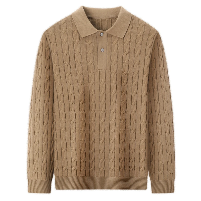 Good 100% Cotton Knit Polo for Men 2026 Autumn Winter Trendy Retro Twisted Sweater Pure Cotton Thick Knitting Clothes Pullovers