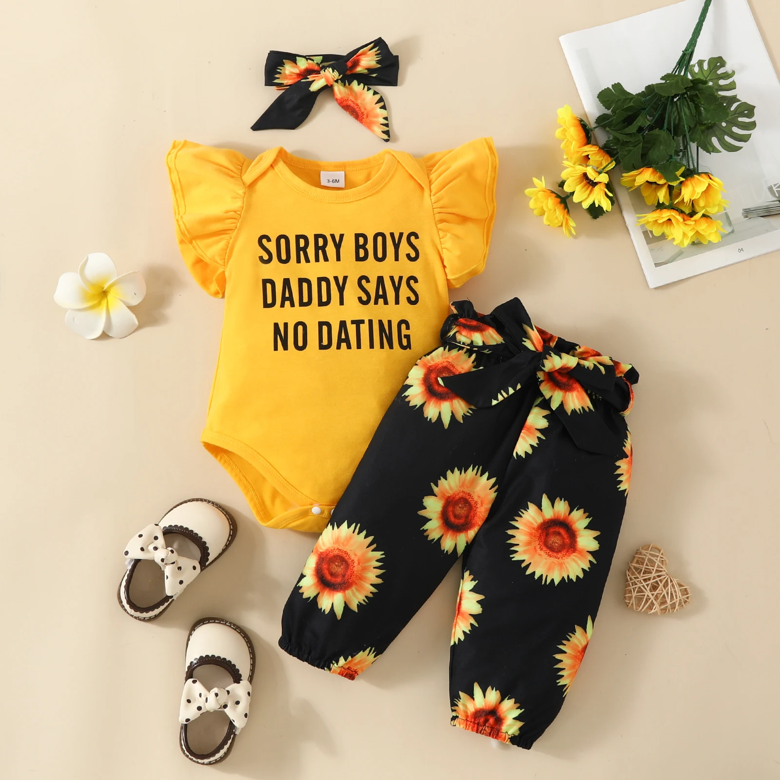 3pcs Baby Girls Cute Summer Short Sleeve Onesie & Sunflower Belted Pants & Headband Set Infant Newborn Fashion Clothes