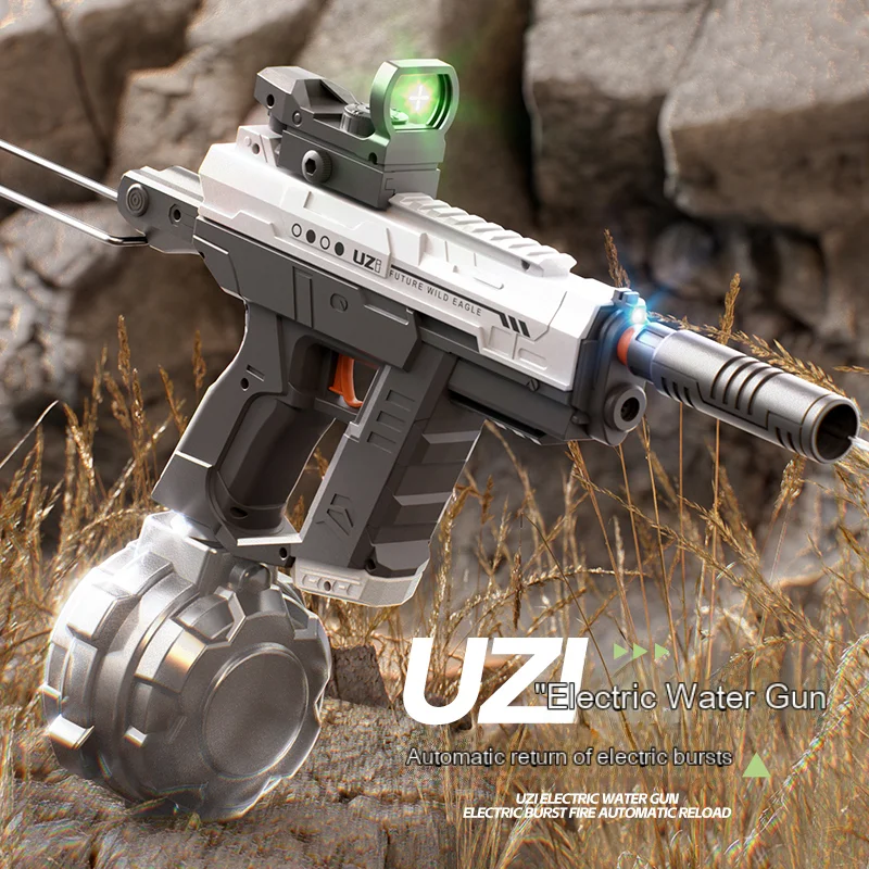 New UZI Electric Water Gun With a scope Butt Mechanical Linkage Continuous Reloading  Machine Gun Toy for Children Adult