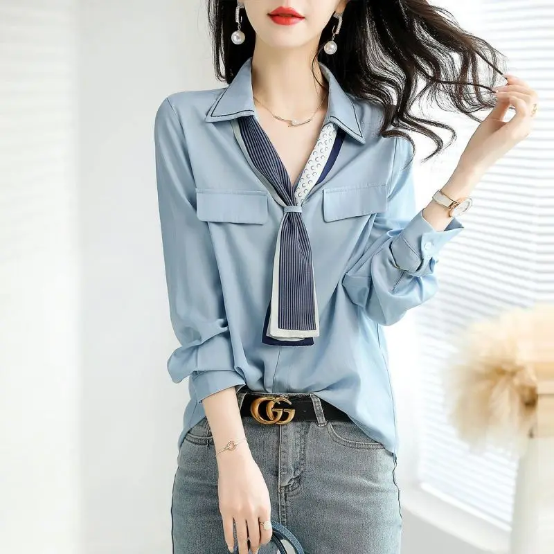 Elegant V-Neck Button Spliced All-match Lace Up Blouse Women\'s Clothing 2023 Spring New Casual Pullovers Loose Office Lady Shirt