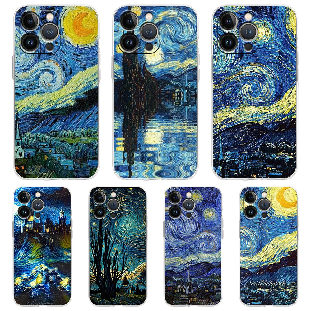 

Van Gogh Art Starry Night Aesthetics Case for iPhone 16 15 14 13 12 Pro Max Transparent for iPhone 11 Pro Max 7 8 Plus XS XR Bag