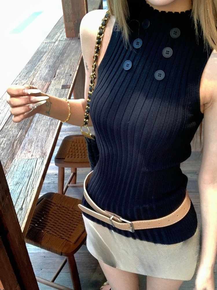 Y2k Aesthetics Double-breasted ​grunge Top Women Harajuku Half High Collar Bodycon Vest Summer Knitted ​vintage Camisole