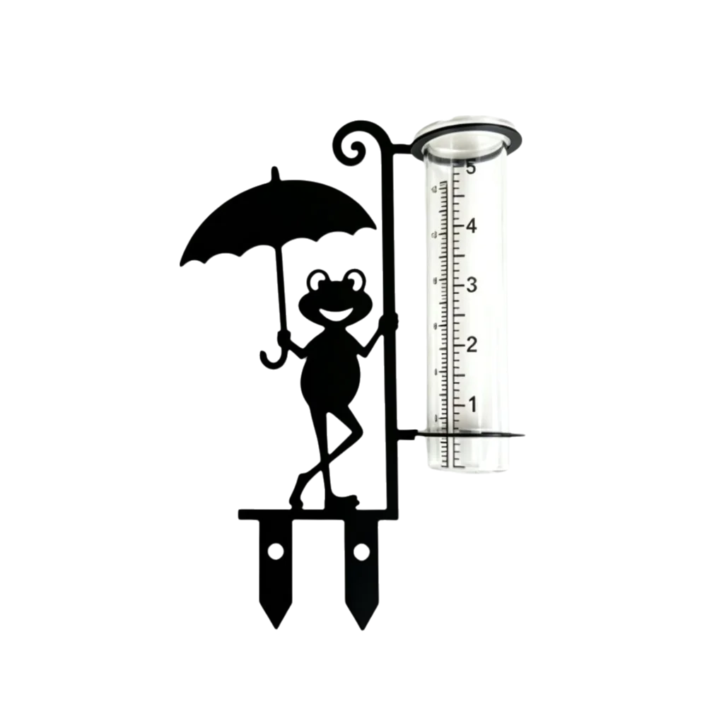 Iron Art Metal Frog Rain Gauge Stake Rustproof Weatherproof Garden Stake Rain Water Collector Umbrella Frog Shaped Removable