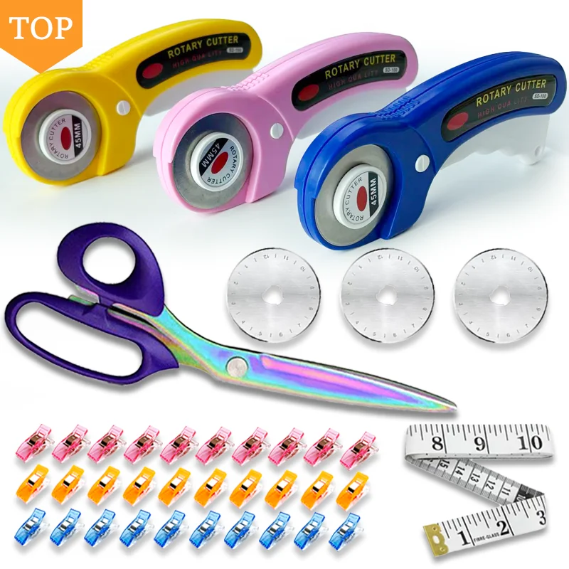 회전식 가위 14세트, 45mm 원단 가위 세트 및 재단 가위, 벨트 줄자, 원단 클램프, 재봉 클램프
