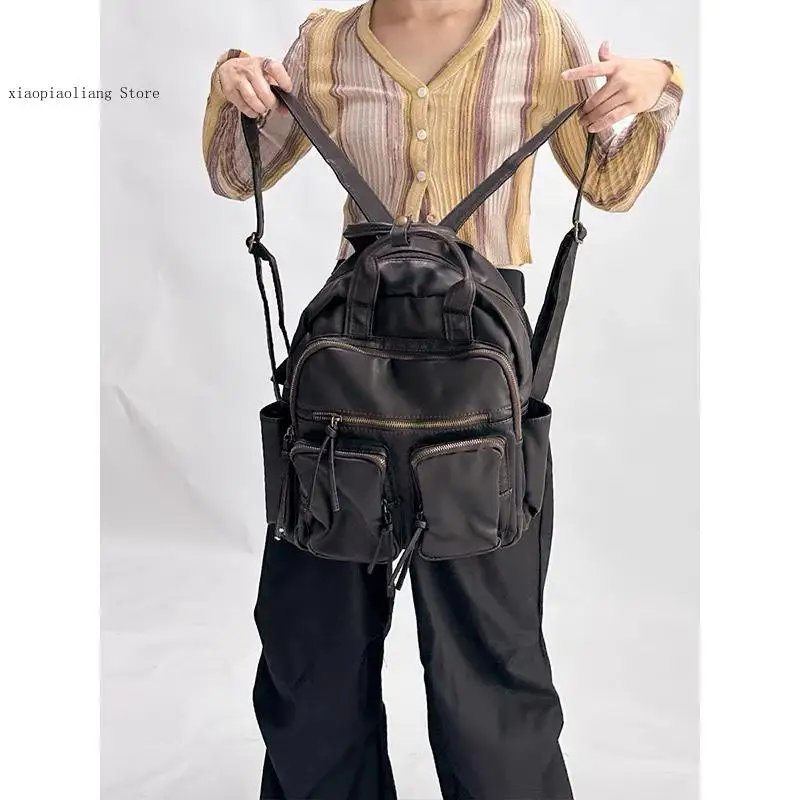 Luxury Soft Washed Pu Leather Back Packs Trend College Bags for Girl Motorcycle Bag Vintage Multiple Pockets Backpacks for Women