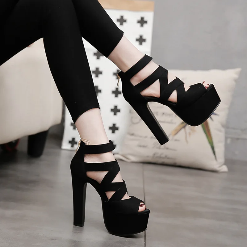 Spring Summer 15CM Fashion Thick With Sandals Fish Mouth Shoes High-heeled Hollow Sandals Nightclub Sandals