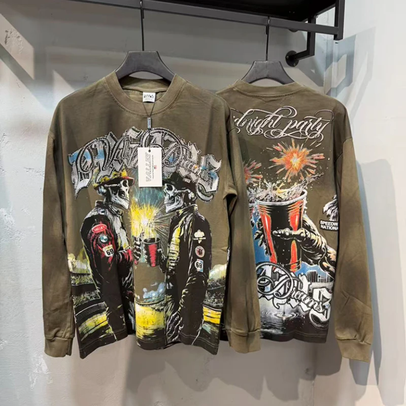 New VALLEY Unisex Graphic Washed Long Sleeve T‑Shirt Dual Skeleton Cowboy Vintage Print Rhinestone Letter Baggy Street Te