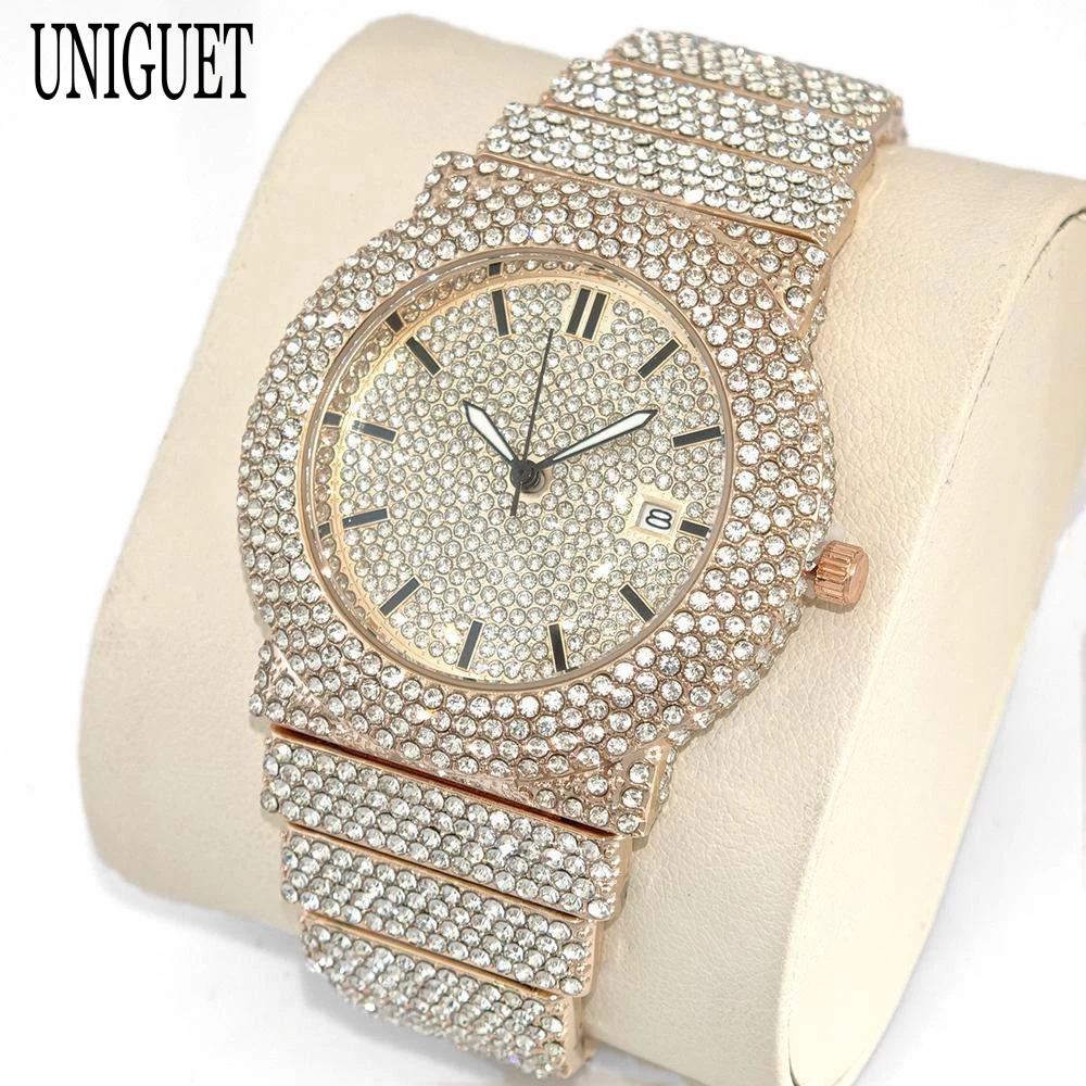

Hot Luxury Brand UNIGUET Quartz Watch For Men Fashion Stainless Steel Alloy Band Hip Hop Diamond Wristwatches Men Original Gifts