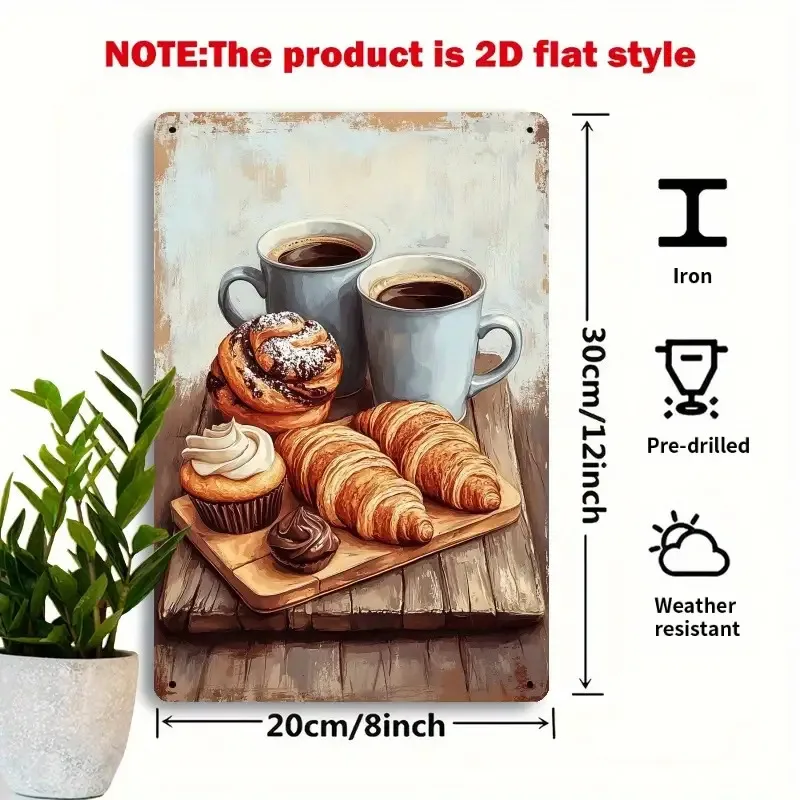 2D Flat, 2D Flat - 1 Vintage Coffee and Pastry Metal Wall Sign | 7.87x11.81inch Country Cafe Decor with Croissant, Danish Pastry
