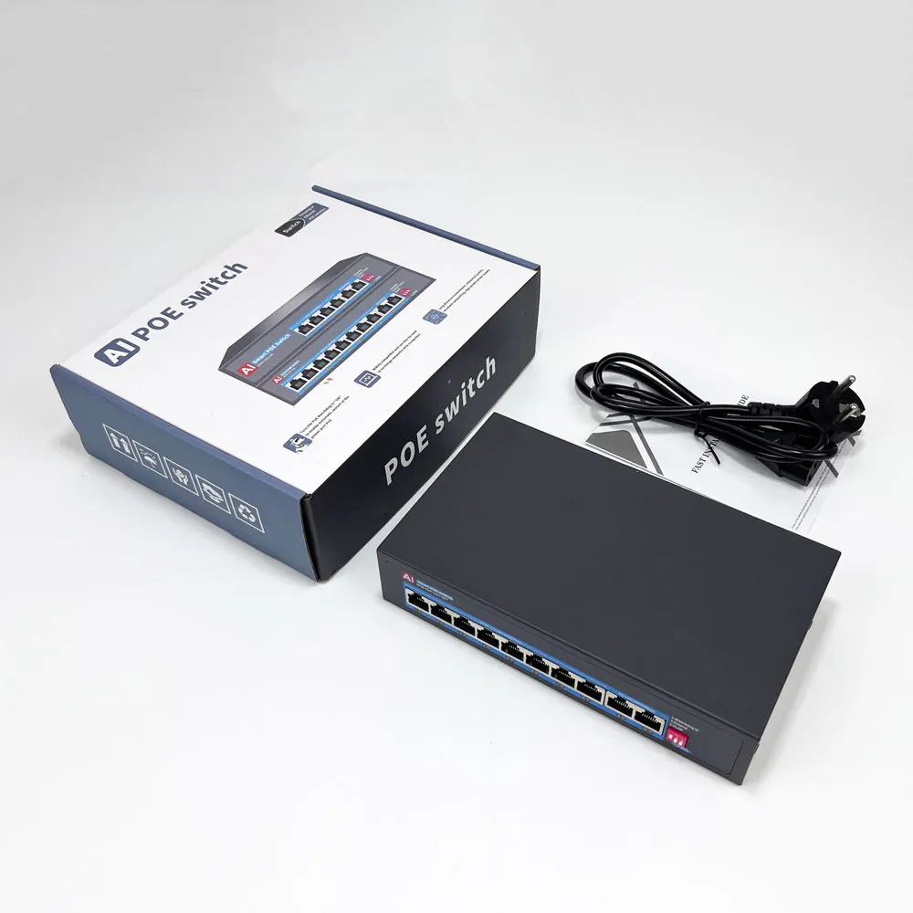 10 Port 10/100/1000Mbps PoE Switch with VLAN Support Non-Blocking Capacity in Stock for CCTV Cameras