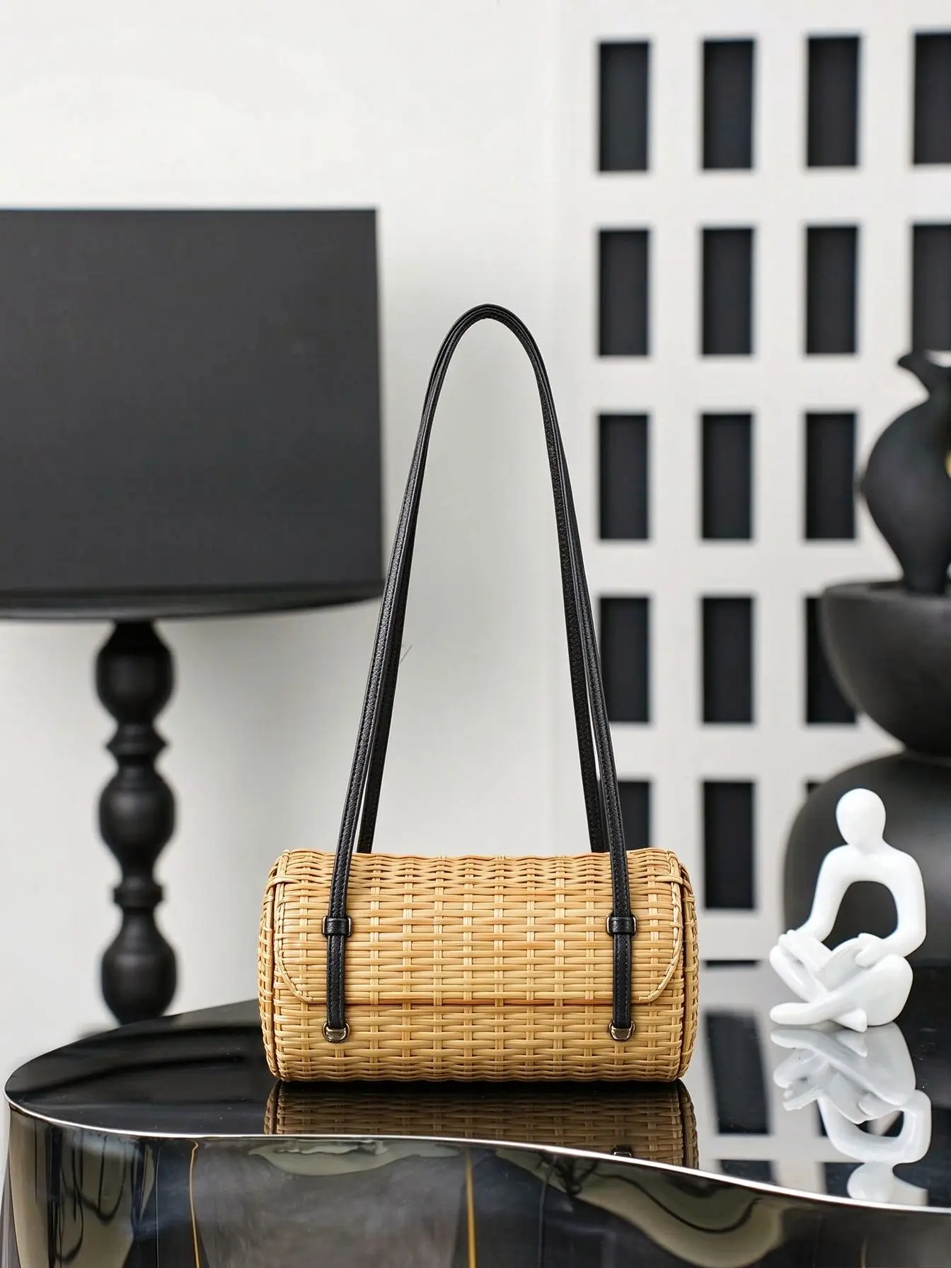 Women Cylinder Shoulder Bag Genuine Leather Flap Small Barrel Handbag Minimalist Design Underarm Purse Daily Casual Crossbody Bag