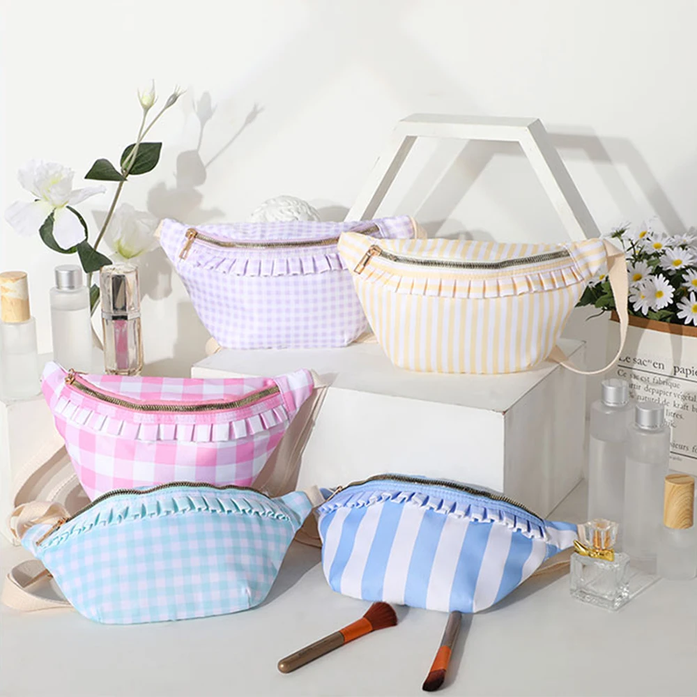 Riñonera con volantes de guinga, bolso con cinturón a cuadros de nailon, riñonera a rayas para mujer, bolsa con cierre, ligera, resistente al agua