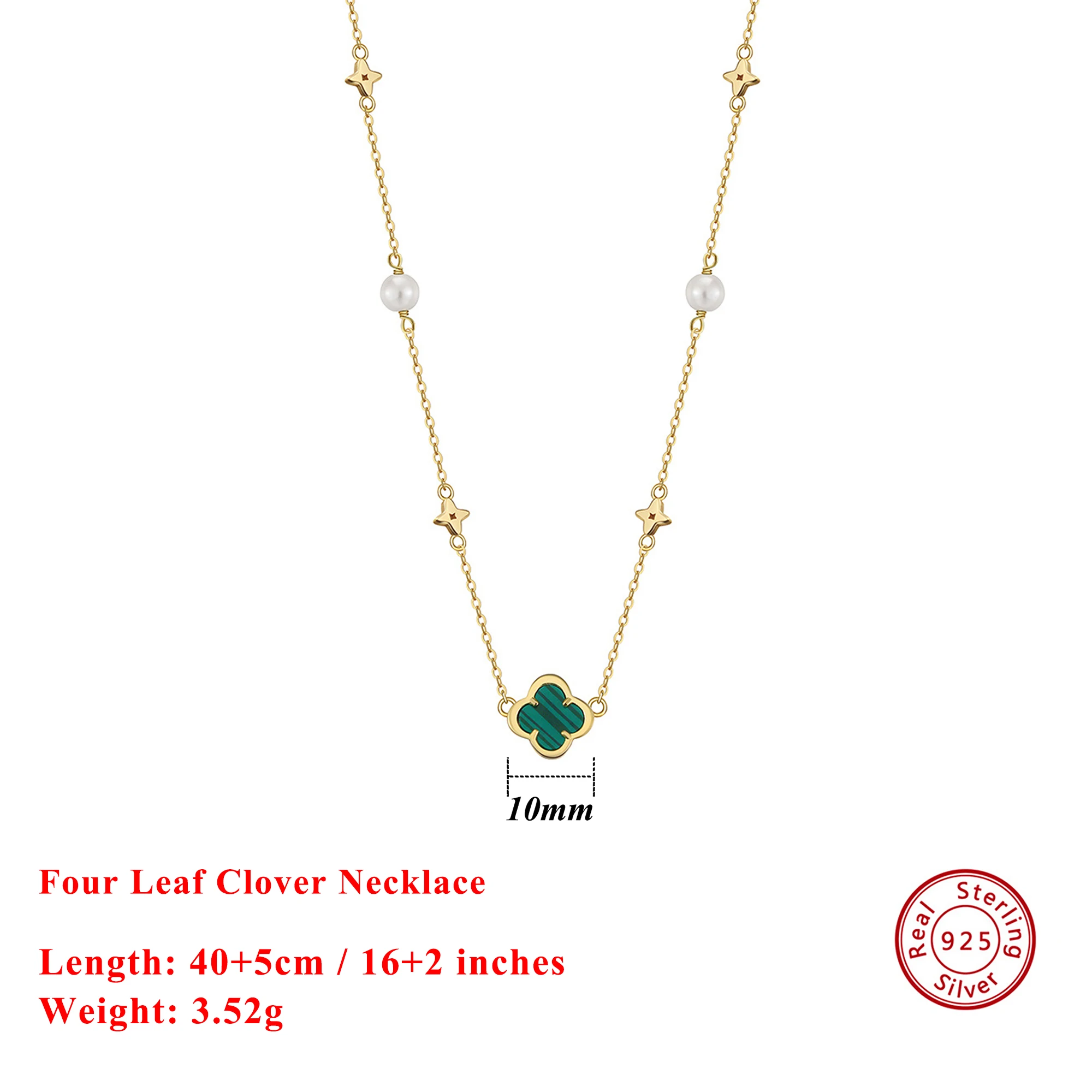 

EFFIE QUEEN 925 Sterling Silver 14K Gold Shell Pearl Choker Necklace With Green Malachite Ornament Four Leaf Clover Style GMN62