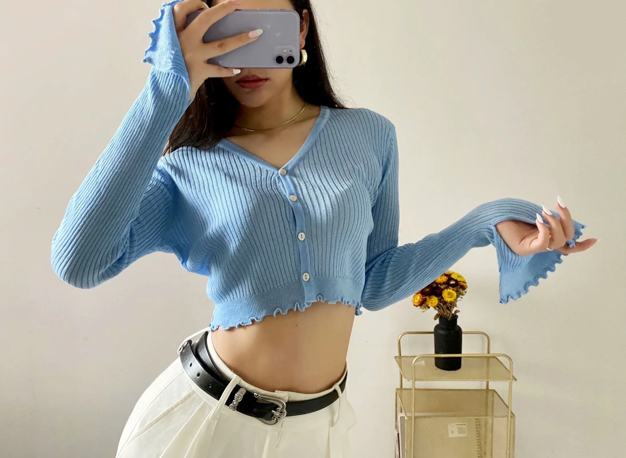 ハイウエストオートップ女性夏 2020 新ピュアカラーロング Sve V-ネパープルオープンカーディガン薄い空調 irt