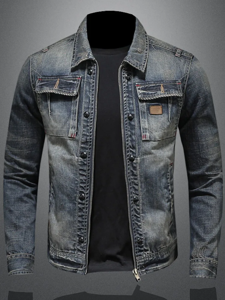 Spring Autumn Ripped Vintage Jean Jacket Men\'s High Quality Large Pocket Moto Denim Jacket