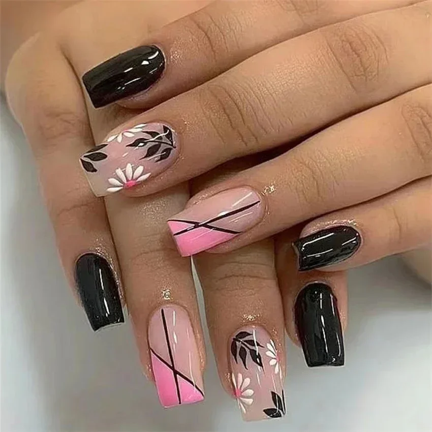 24 Pcs/Set Acrylic Long Ballet Press on Nail Tips Coffin Wearing Reusable False Nails Art Colorful Glossy Artificial Fake Nails