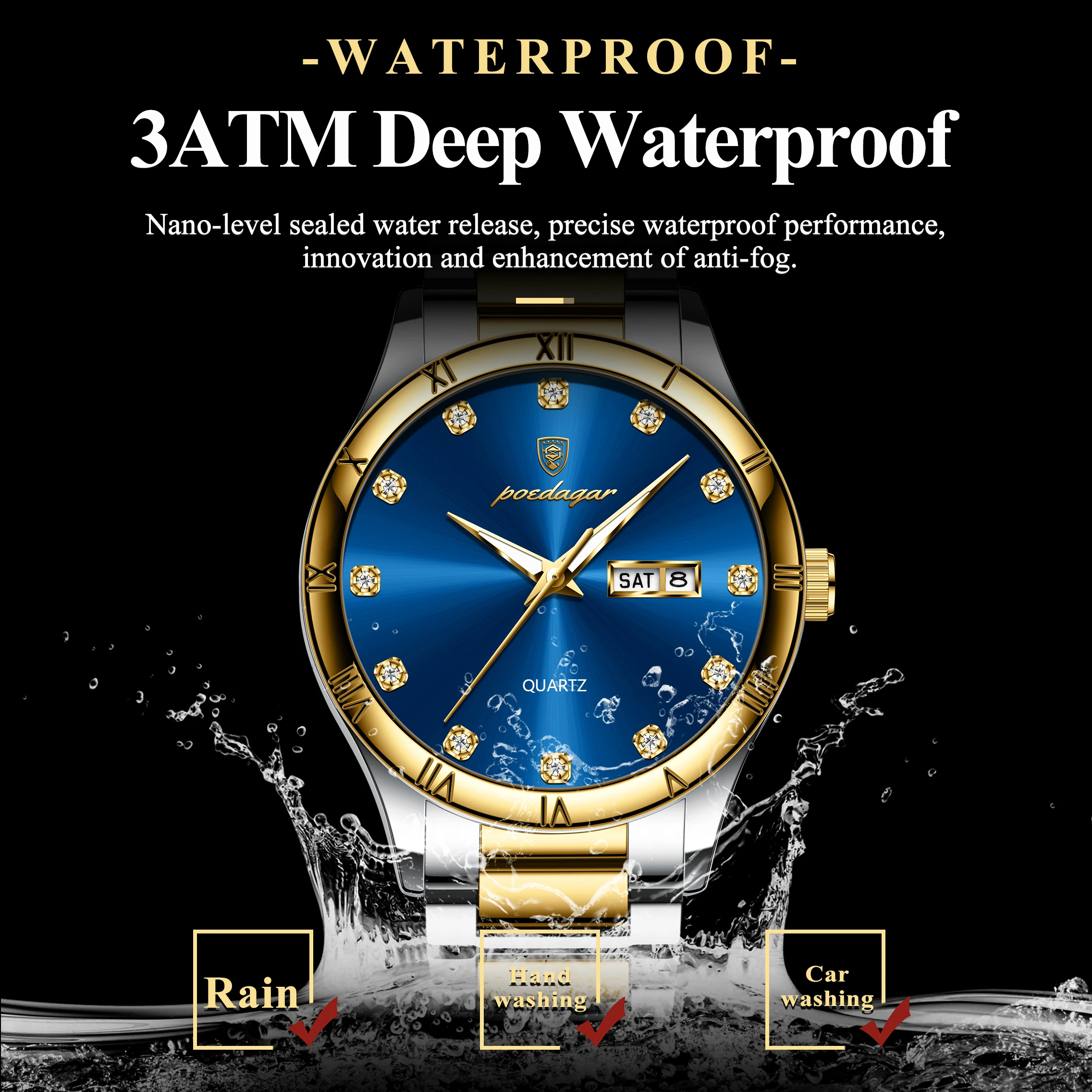 POEDAGAR ساعات الأعمال الفاخرة للرجال مقاوم للماء مضيئة الفولاذ المقاوم للصدأ رجل ساعة تاريخ الأسبوع موضة كوارتز ساعة يد رجالي