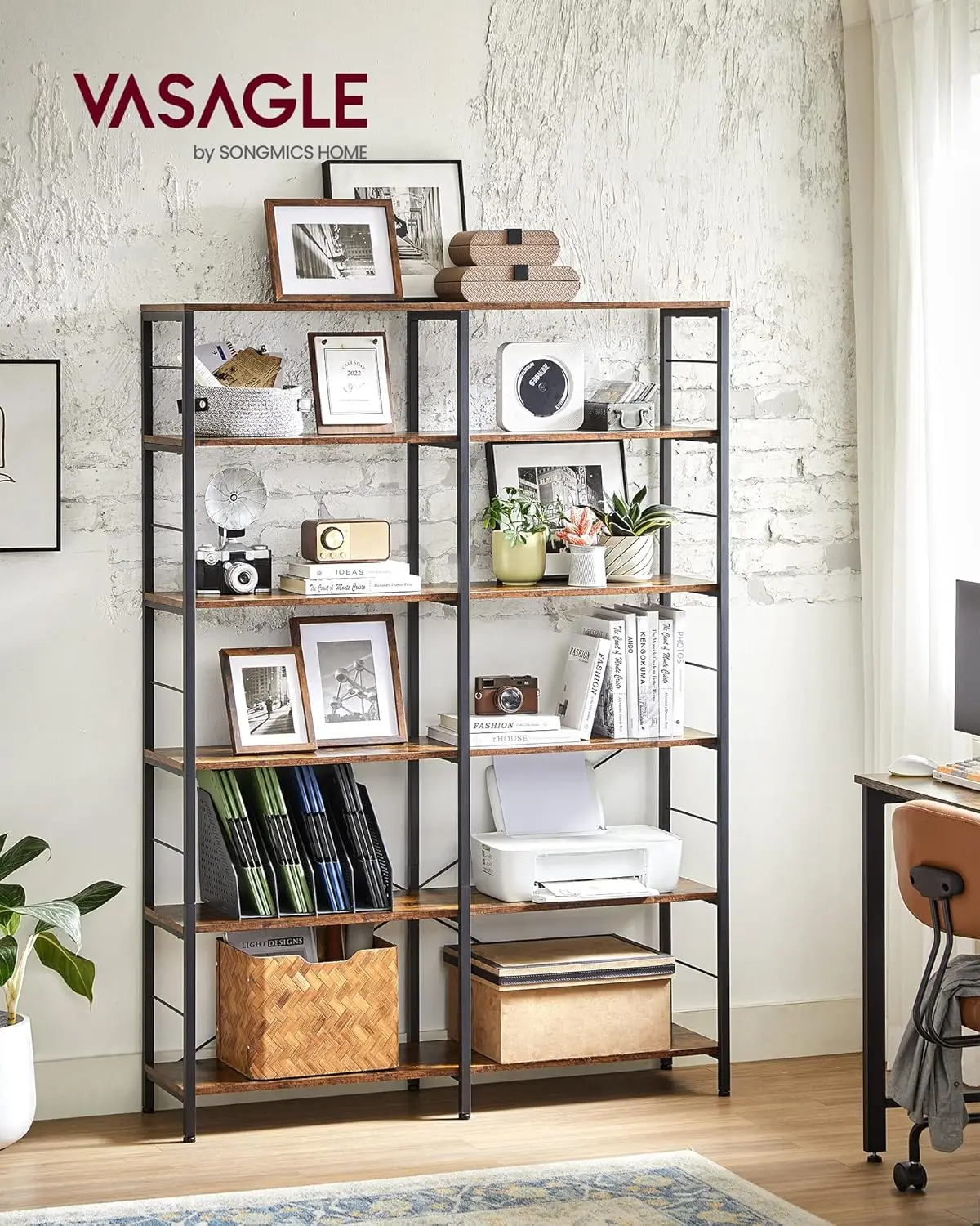 VASAGLE 6-Tier Bookshelf, Shelving Unit, Tall Storage Shelf, 30 x 120 x 172.5 cm, Industrial Style, Room Divider